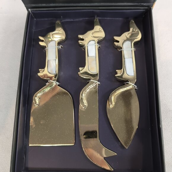 Anthropologie 3 Cheese Knives Weiner Dogs Gold Mother Pearl Mackenzie Dachshund - Picture 3 of 9